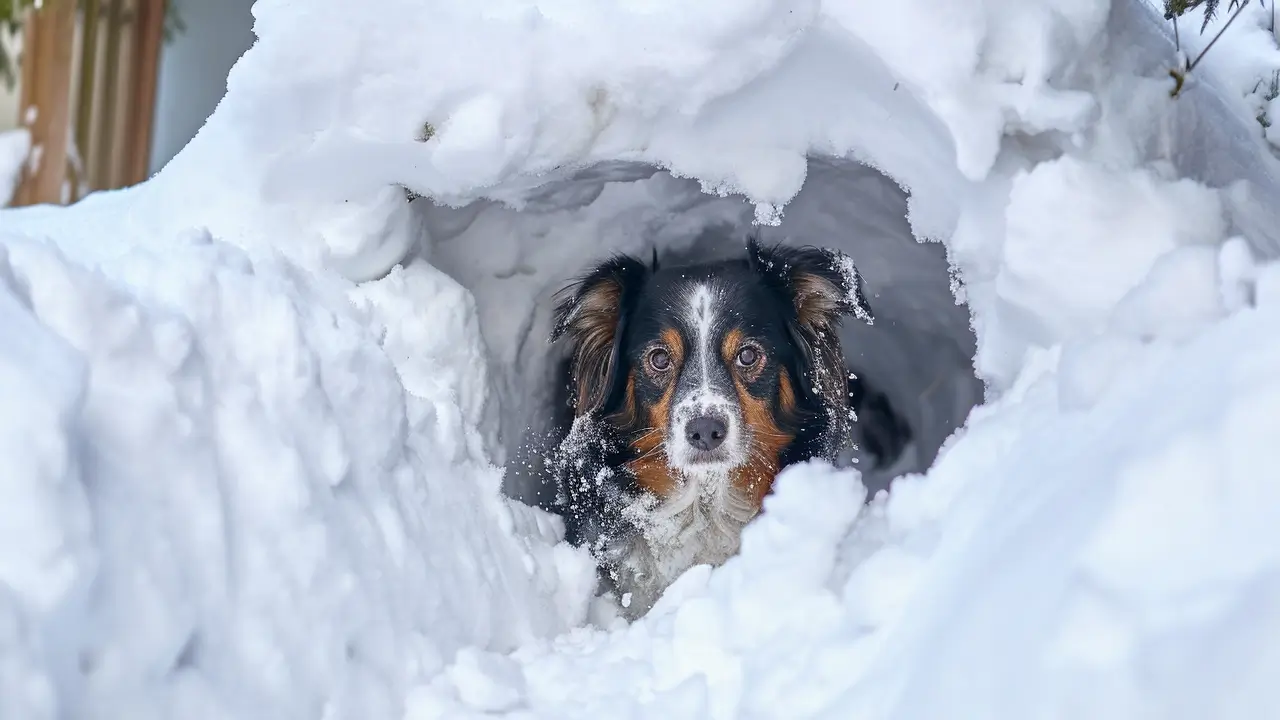dog in the snow fort