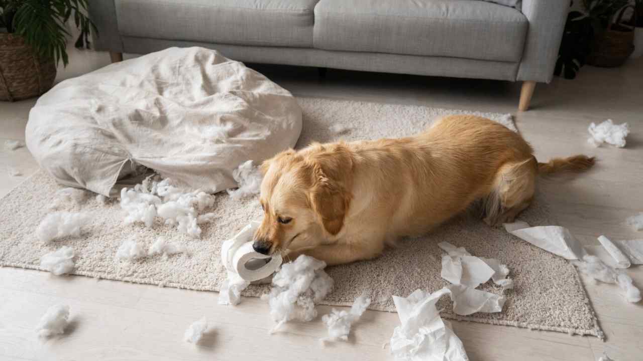 cute dog playing with toilet paper high angle