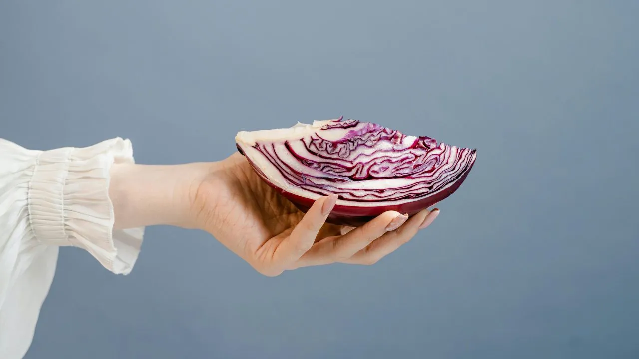 a person holding a cut red cabbage