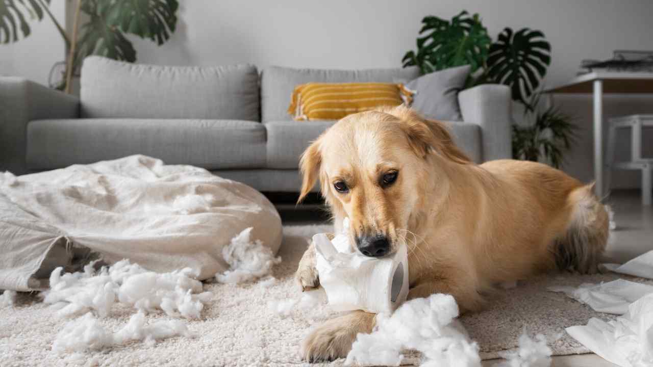 cute dog playing with toilet paper indoors