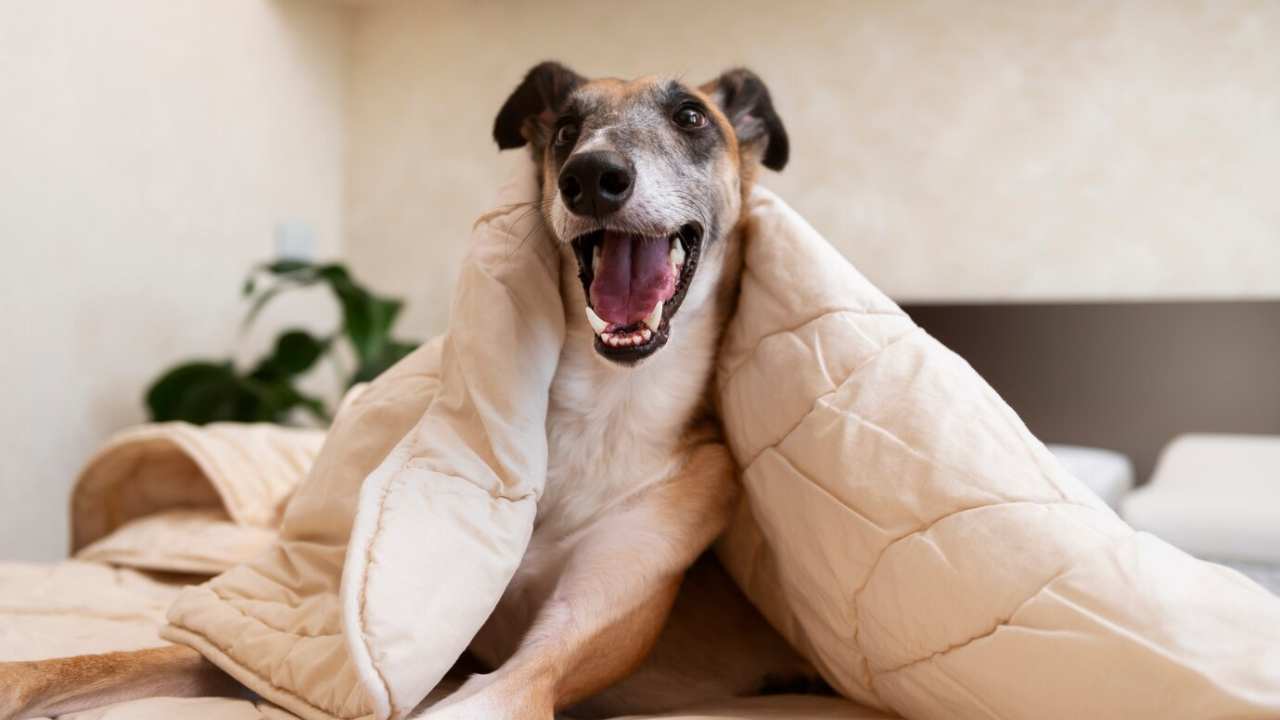 smiley greyhound dog laying bed