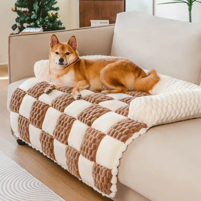 Plaid Plush Dog Sofa Mat - Image 7