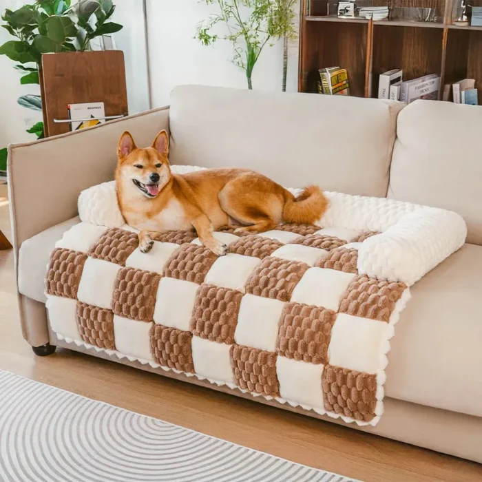 Plaid Plush Dog Sofa Mat - Image 1